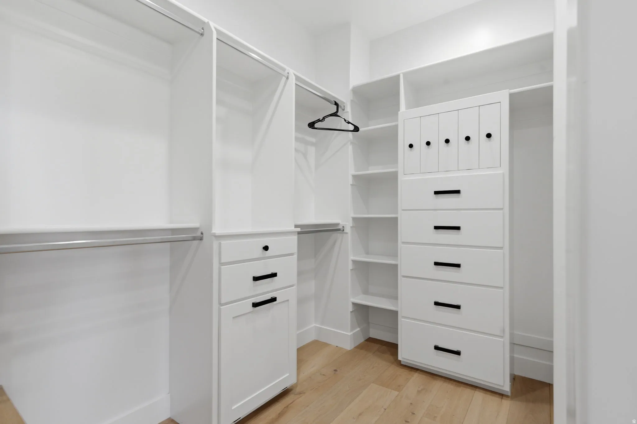 HER walk in closet with light wood-style flooring