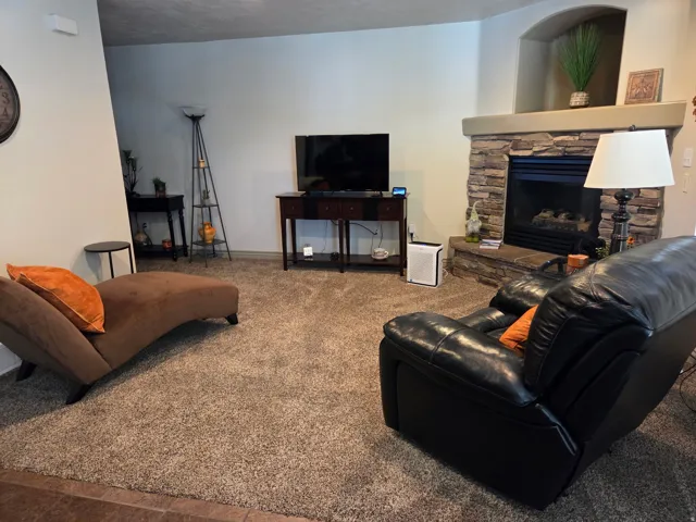 Living area featuring a stone fireplace with a raised hearth, a mantle with an arched niche, light-colored walls, and textured carpeting