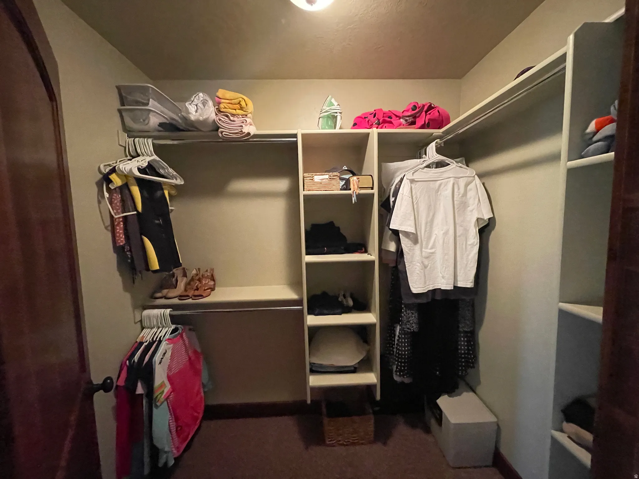 Walk in closet with dark colored carpet