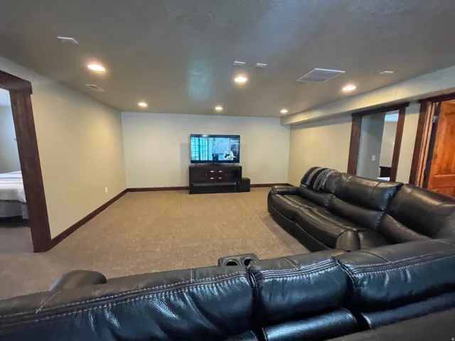 Cinema featuring carpet flooring and recessed lighting