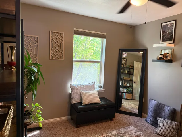 Sitting room featuring carpet and ceiling fan