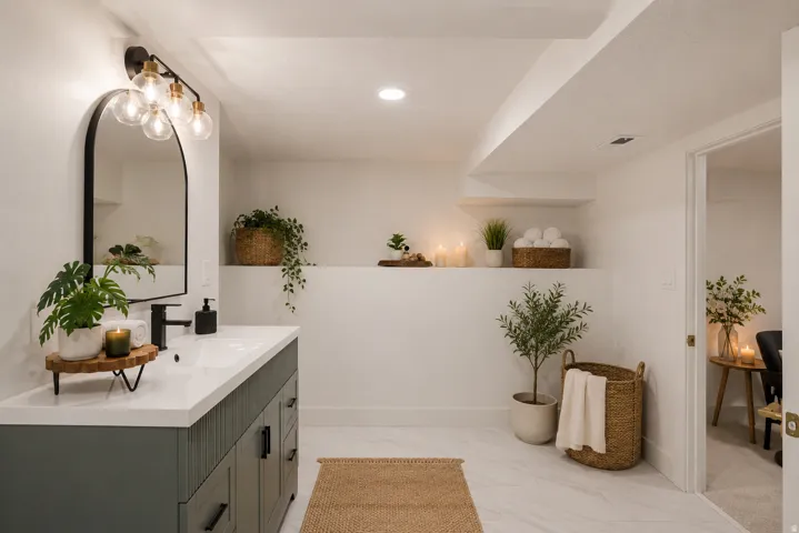 Contemporary bathroom vanity with a white countertop and fluted gray cabinetry