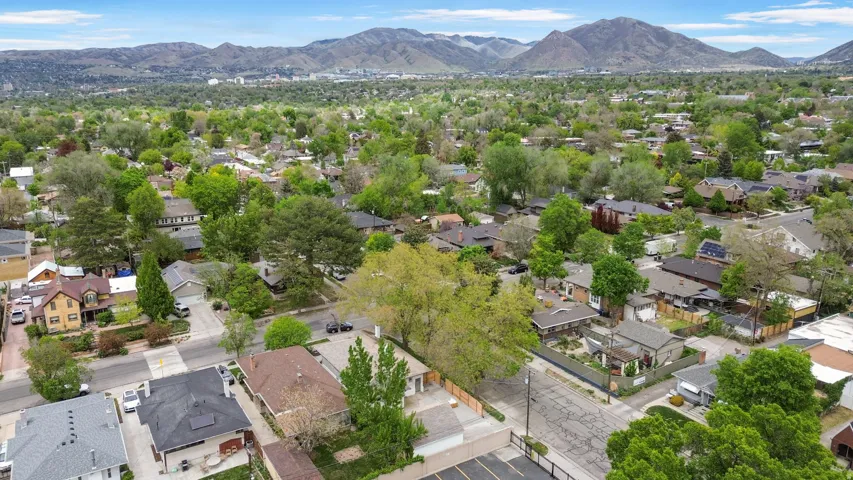 Aerial perspective of suburban area with mountains