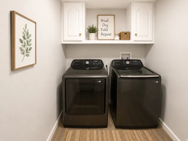 Dedicated laundry area featuring wood-finish flooring, light grey wall paint, and overhead white cabinetry with gold-tone hardware