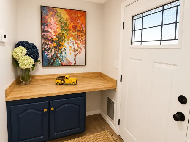 Built-in entryway cabinetry with a wood-finish countertop and blue shaker-style doors