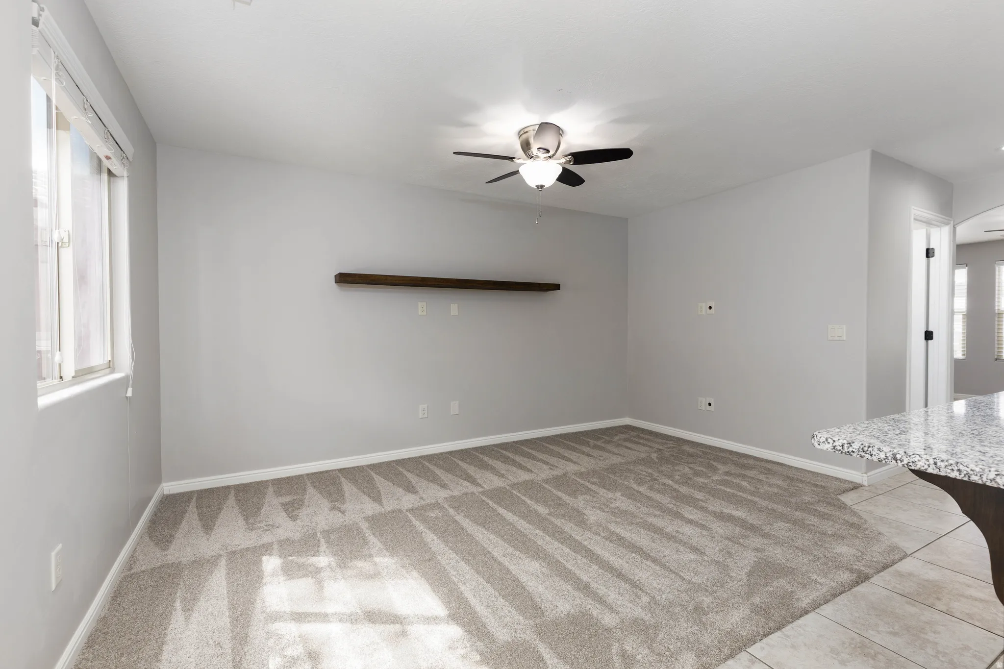 Family room with a ceiling fan and carpet