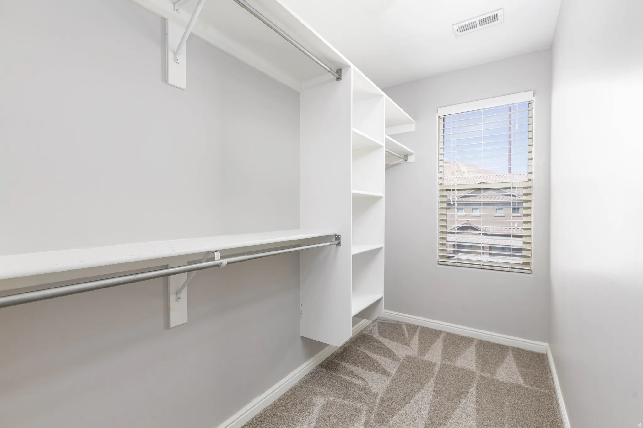Primary walk in closet with light carpet