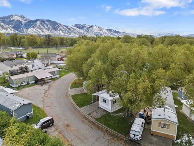 Aerial view of residential area with a mountain backdrop