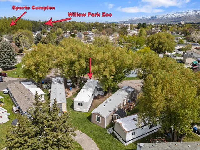 Aerial view of residential area with a mountainous background
