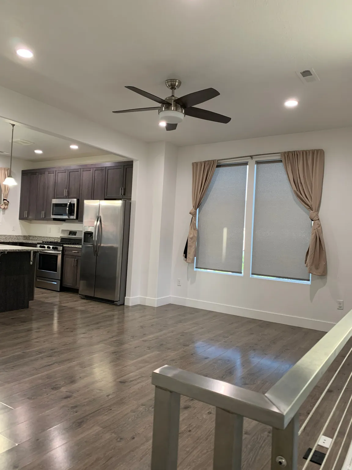 living room with recessed lighting, ceiling fan, and  wood-like finished floors