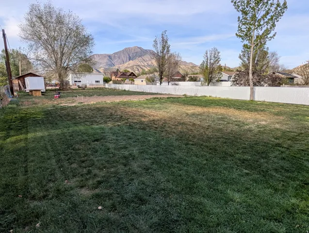 Fenced backyard with a mountain view