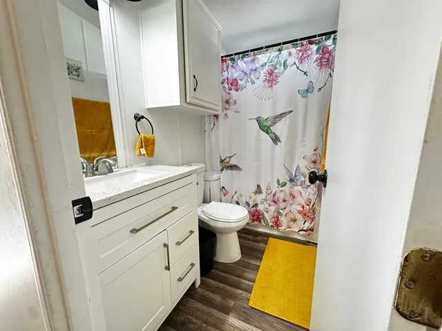 Full bath with vanity, dark wood-type flooring, a shower with curtain, and a textured ceiling
