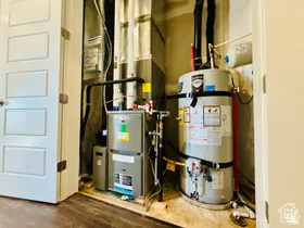 Utility room with secured water heater and heating unit