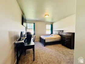 Primary Bedroom with light colored carpet and baseboards