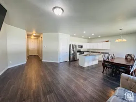 Living room featuring dark wood-type flooring and recessed lighting