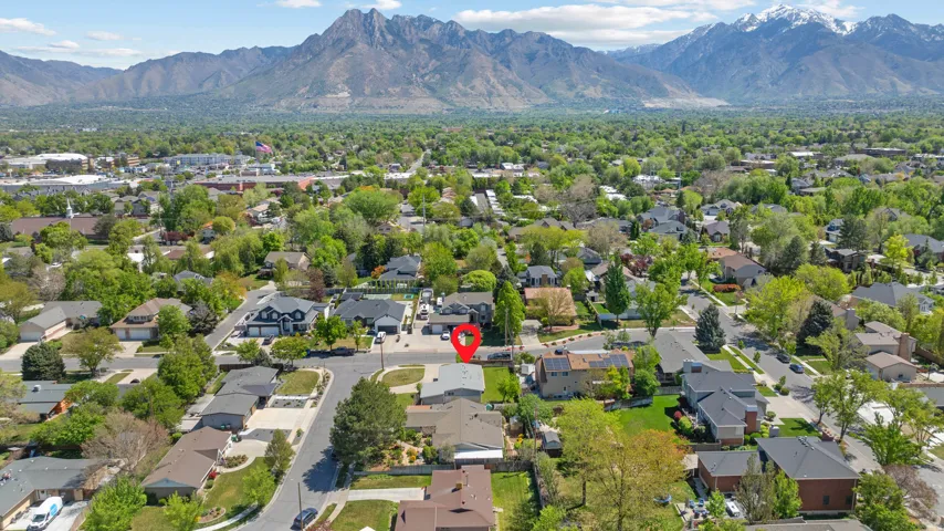 Aerial perspective of suburban area with mountains