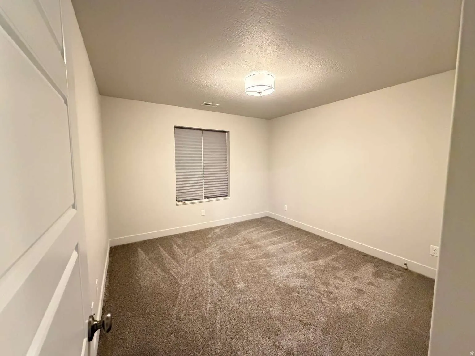 Neutral-toned room featuring a single window with blinds, a drum-style ceiling light fixture, and plush carpet flooring