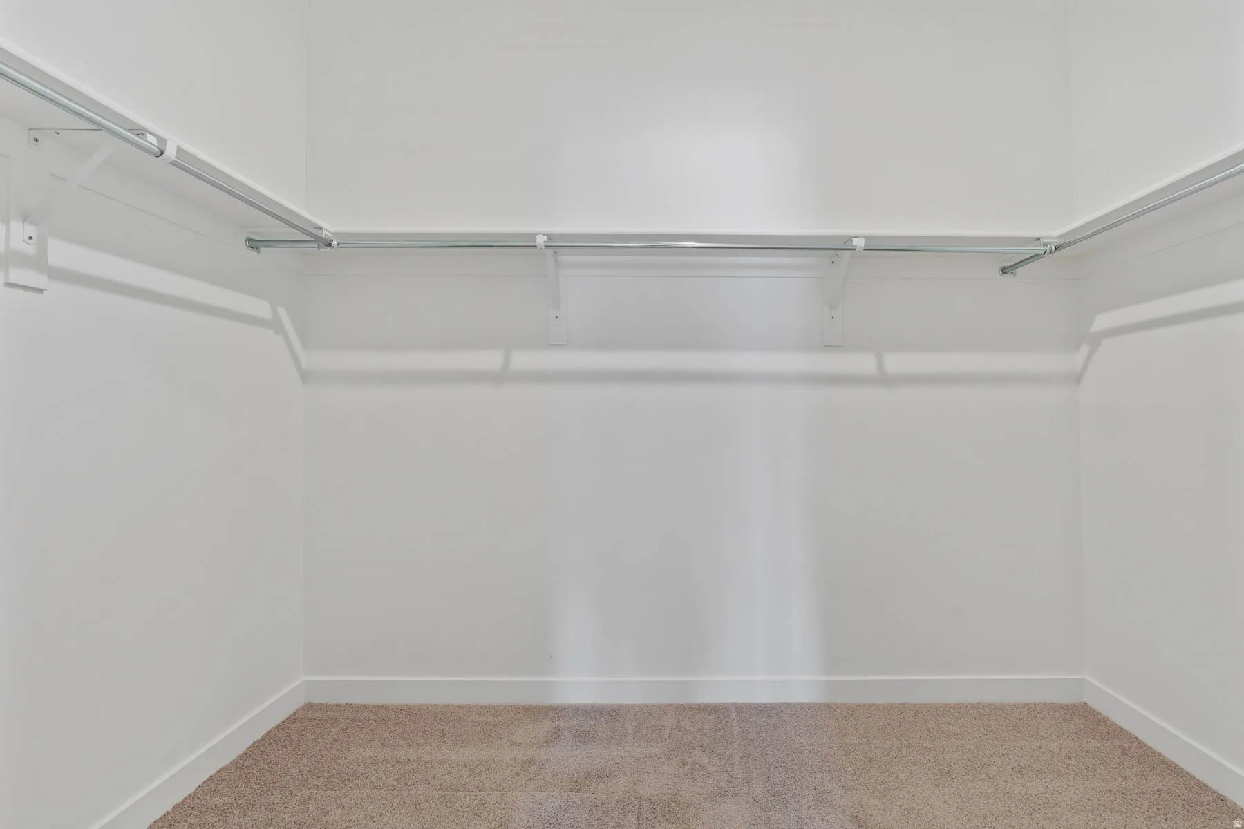 Walk-in closet featuring white walls, metal hanging rods, and light brown carpeting