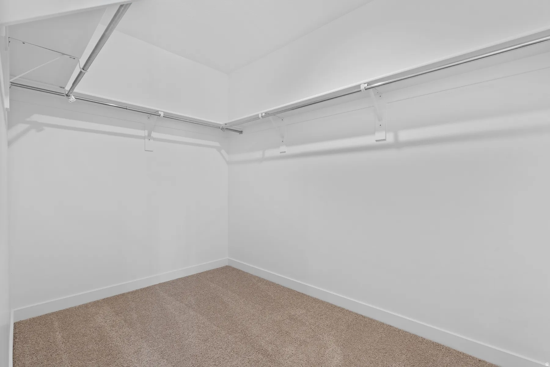 Walk-in closet with beige carpeting, white walls, white baseboards, and built-in metal shelving and hanging rods