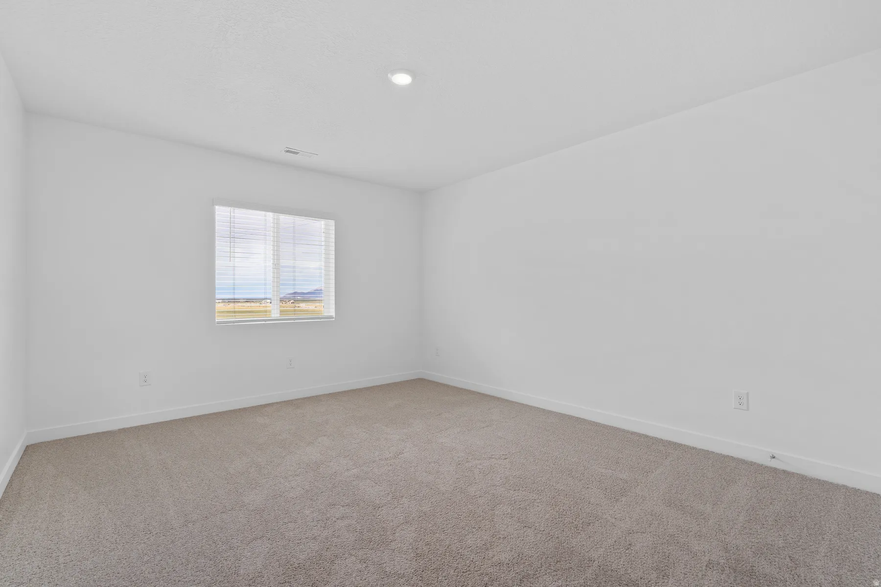 Neutral-toned carpeting paired with white walls, a single window with horizontal blinds, and a ceiling-mounted recessed light