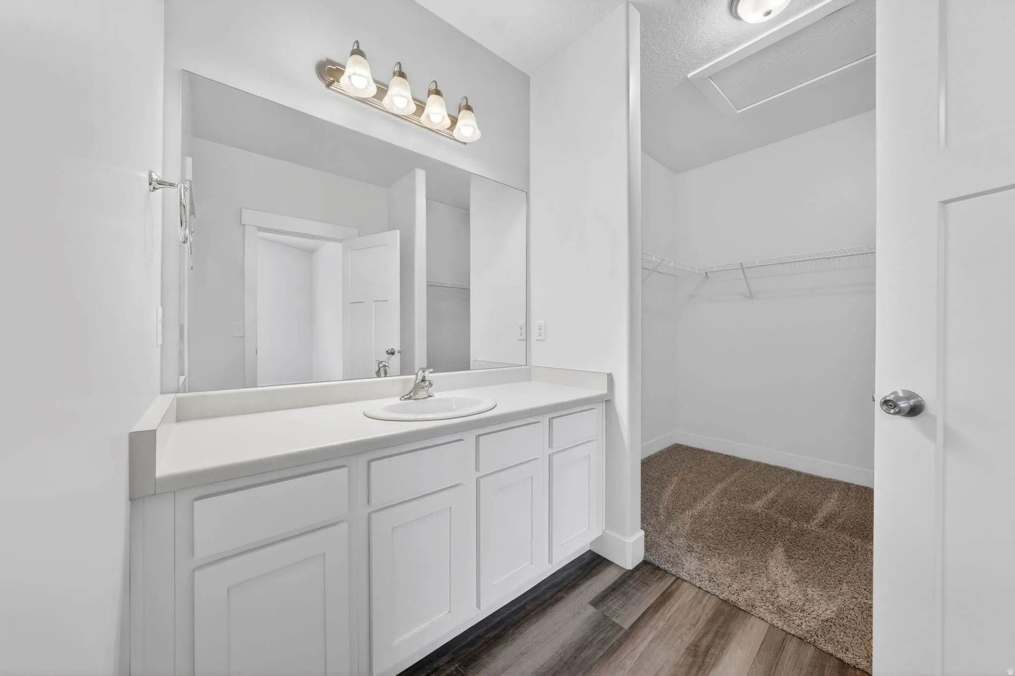 Bathroom with vanity, dark wood-style flooring, and a walk in closet