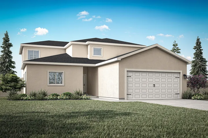 Traditional home with a front yard, stucco siding, and an attached garage
