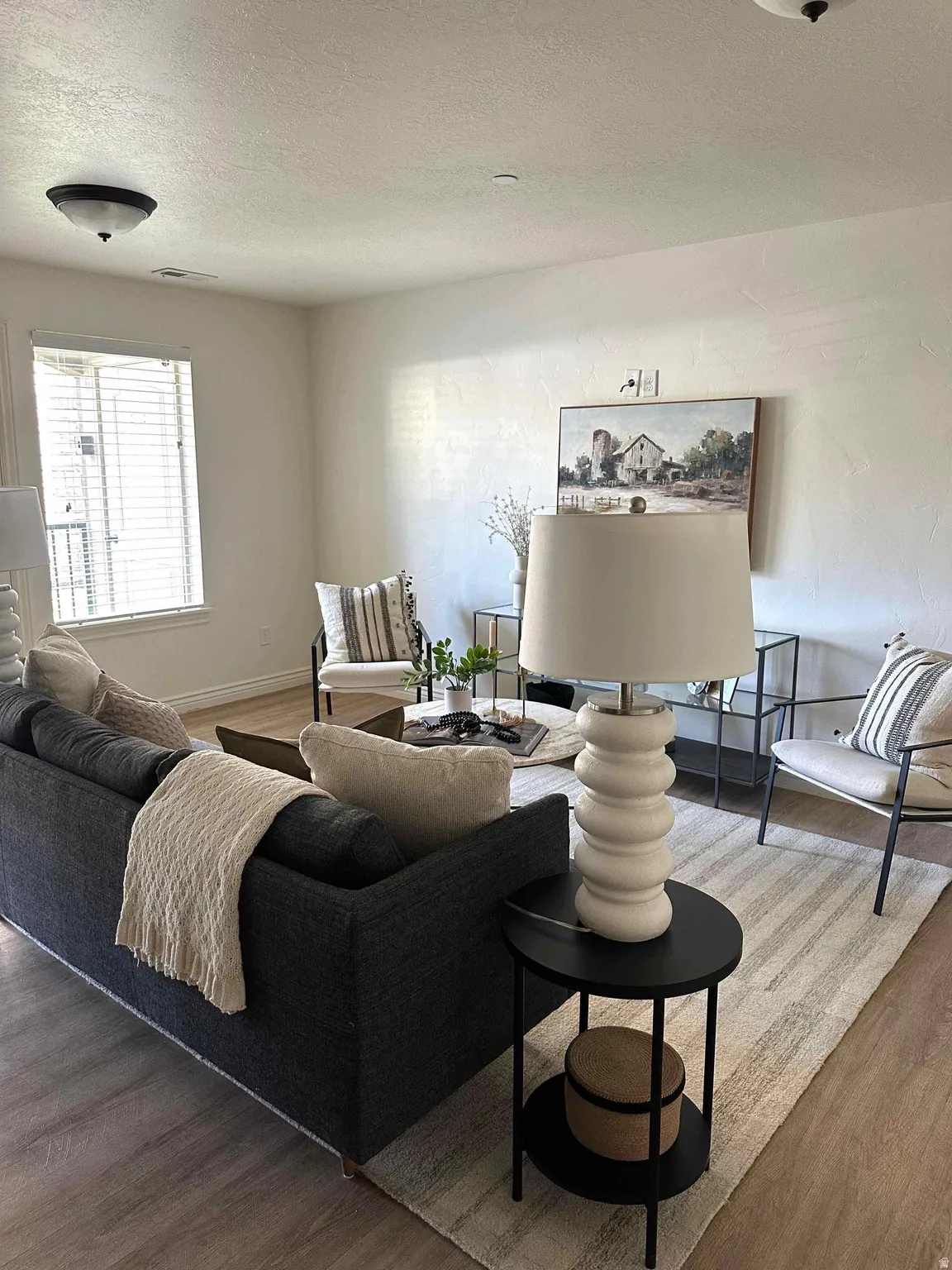 Living room featuring wood finished floors and a textured ceiling