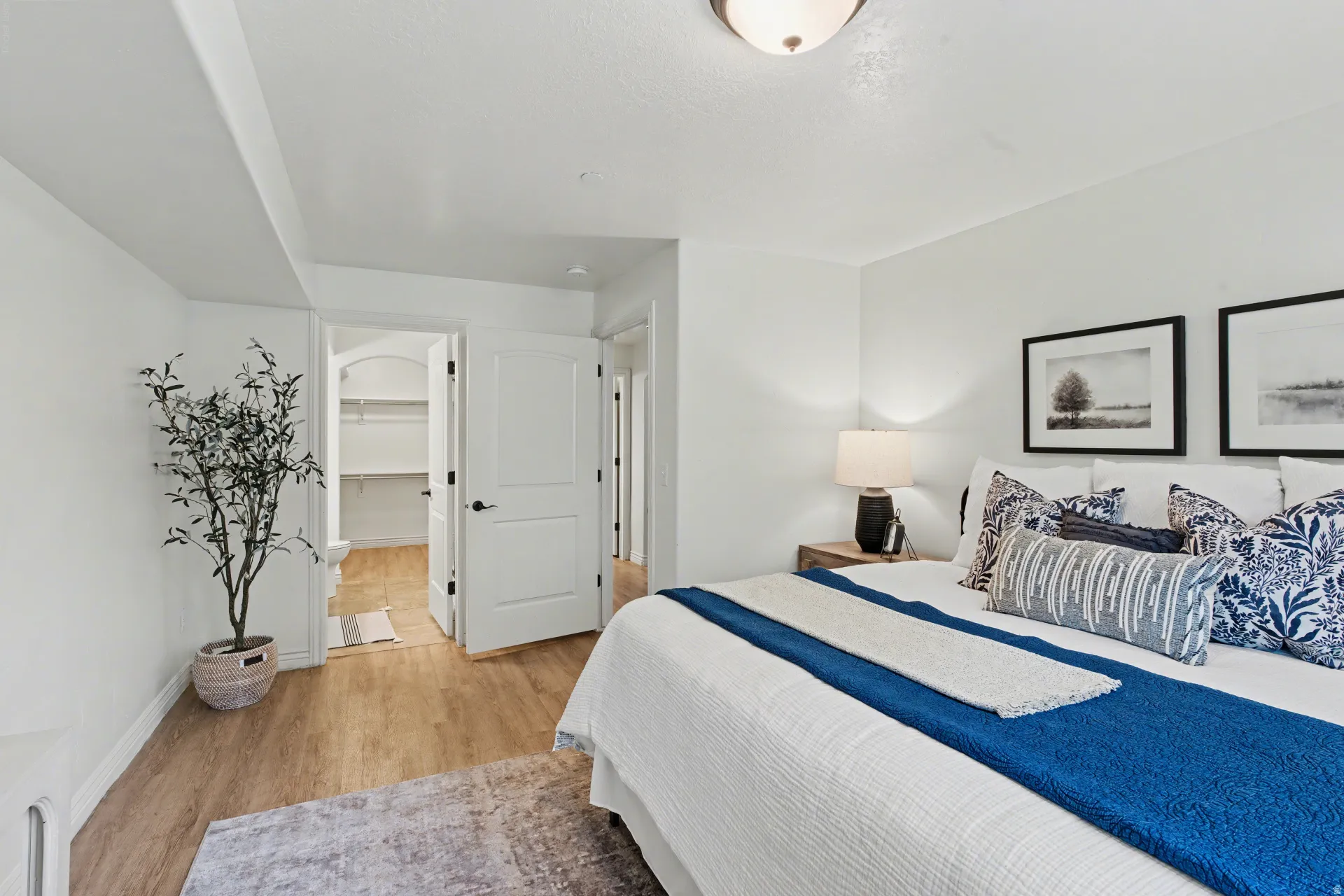 Bedroom with light wood-style flooring and a walk in closet