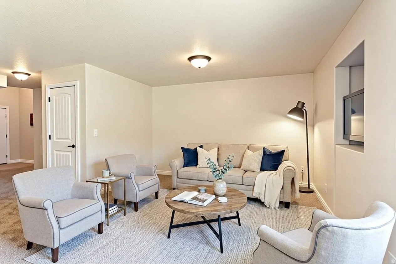 Carpeted living area featuring neutral wall tones, a recessed built-in media niche, and white trim
