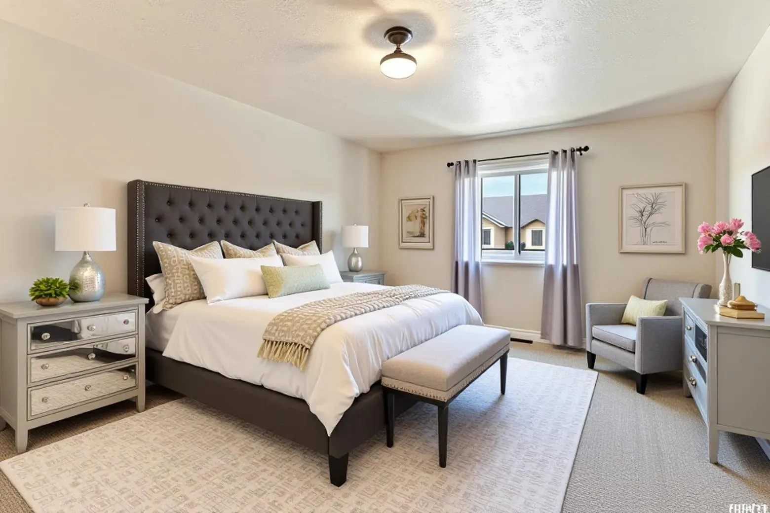 Spacious room featuring neutral wall tones, a ceiling-mounted light fixture, carpeted flooring, and a window with a white frame