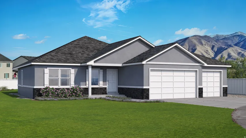 Ranch-style house with stone siding, stucco siding, an attached garage, driveway, and a mountain view