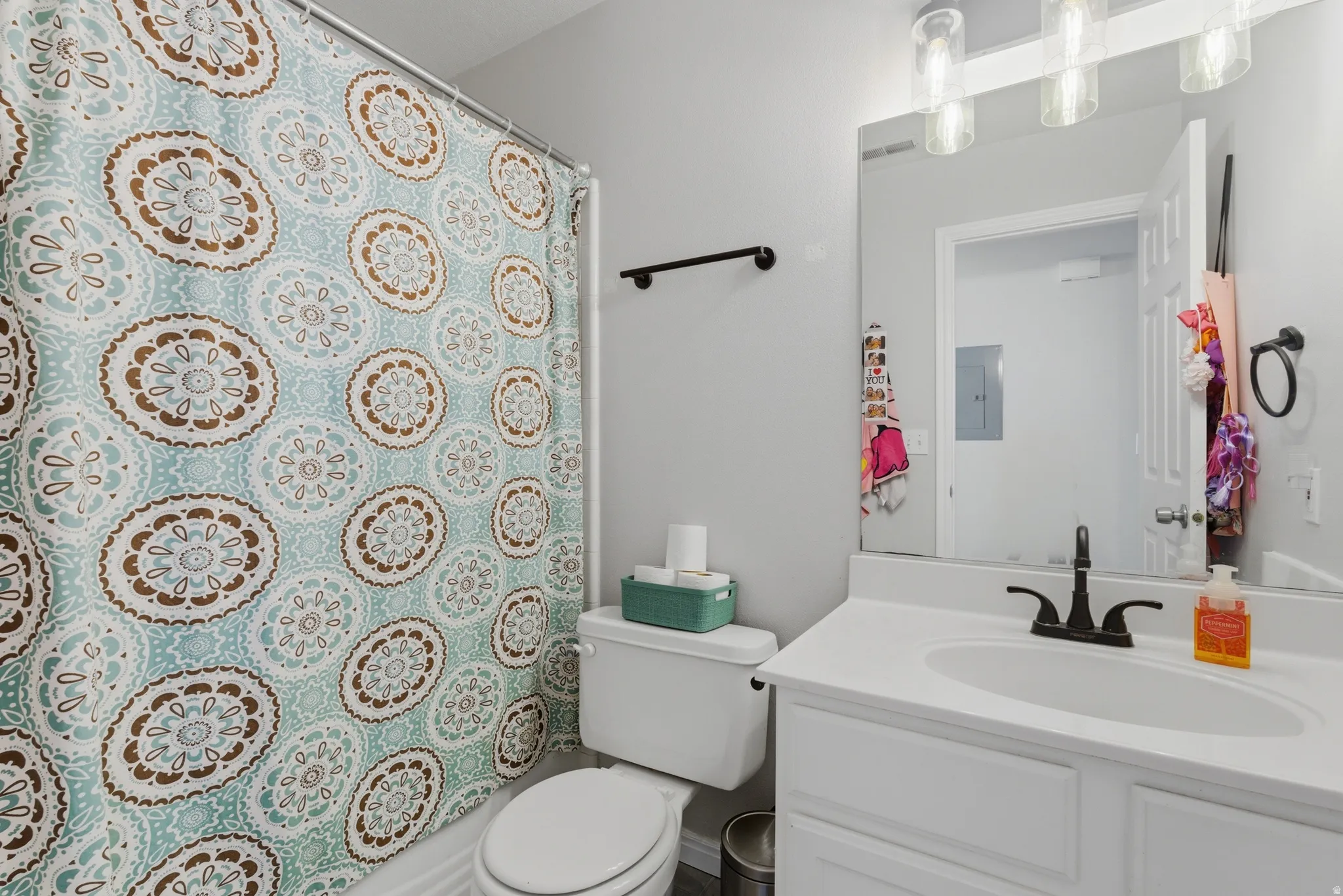 Bathroom with vanity, curtained shower, and electric panel