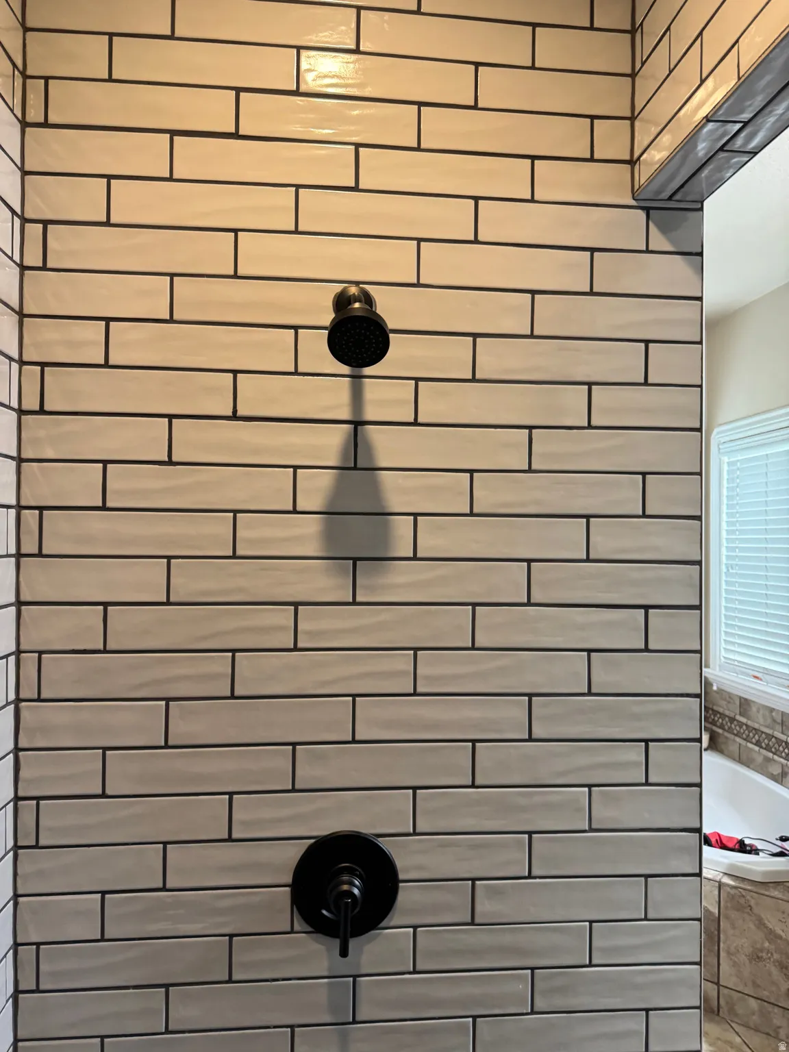 Bathroom view of a garden tub and a tile shower