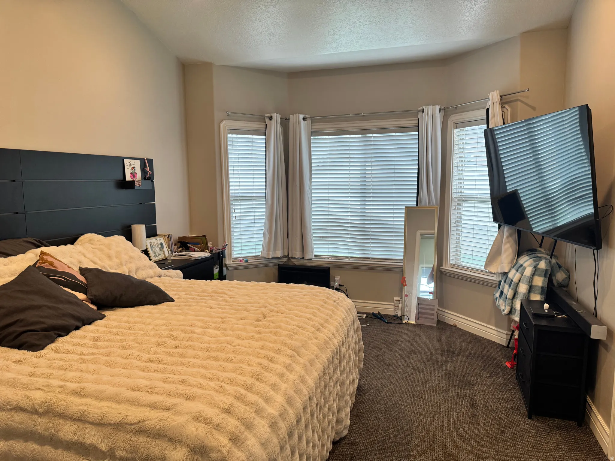 Bedroom with dark carpet, multiple windows, and a textured ceiling