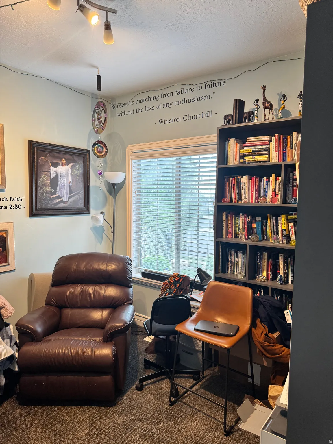 Sitting room featuring a textured ceiling, dark colored carpet, and rail lighting