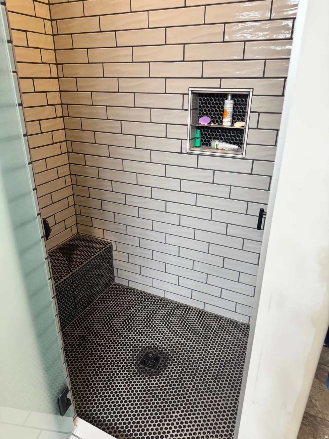 Bathroom view of a stall shower