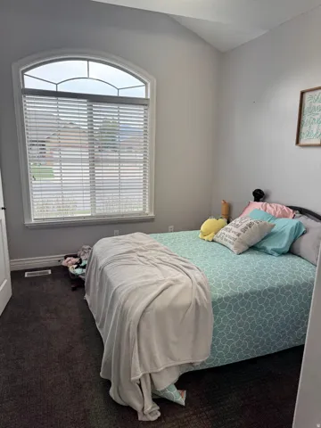 Bedroom with dark colored carpet