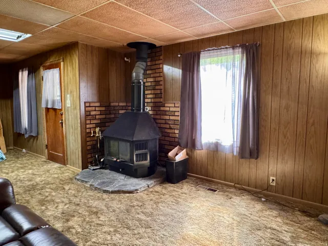 Living area with wooden walls, carpet, and a wood stove