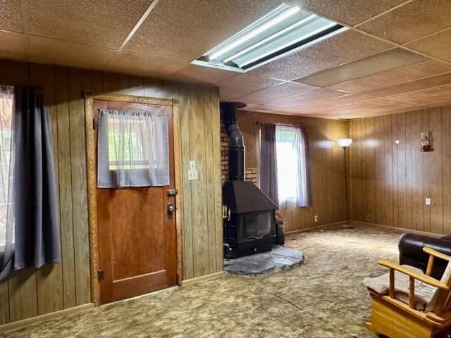 Foyer featuring wood walls, carpet, and a wood stove