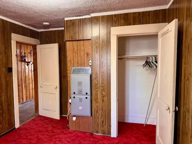 Unfurnished bedroom with carpet flooring, wood walls, a textured ceiling, a closet, and ornamental molding