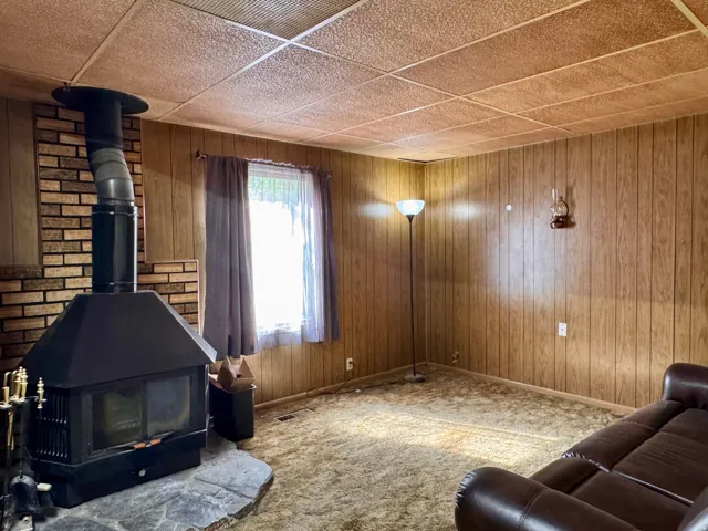 Living area with carpet floors and wood walls