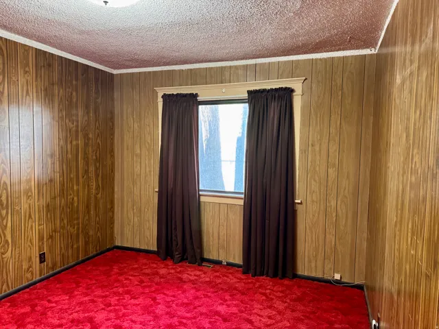 Carpeted empty room with a textured ceiling, crown molding, and wood walls