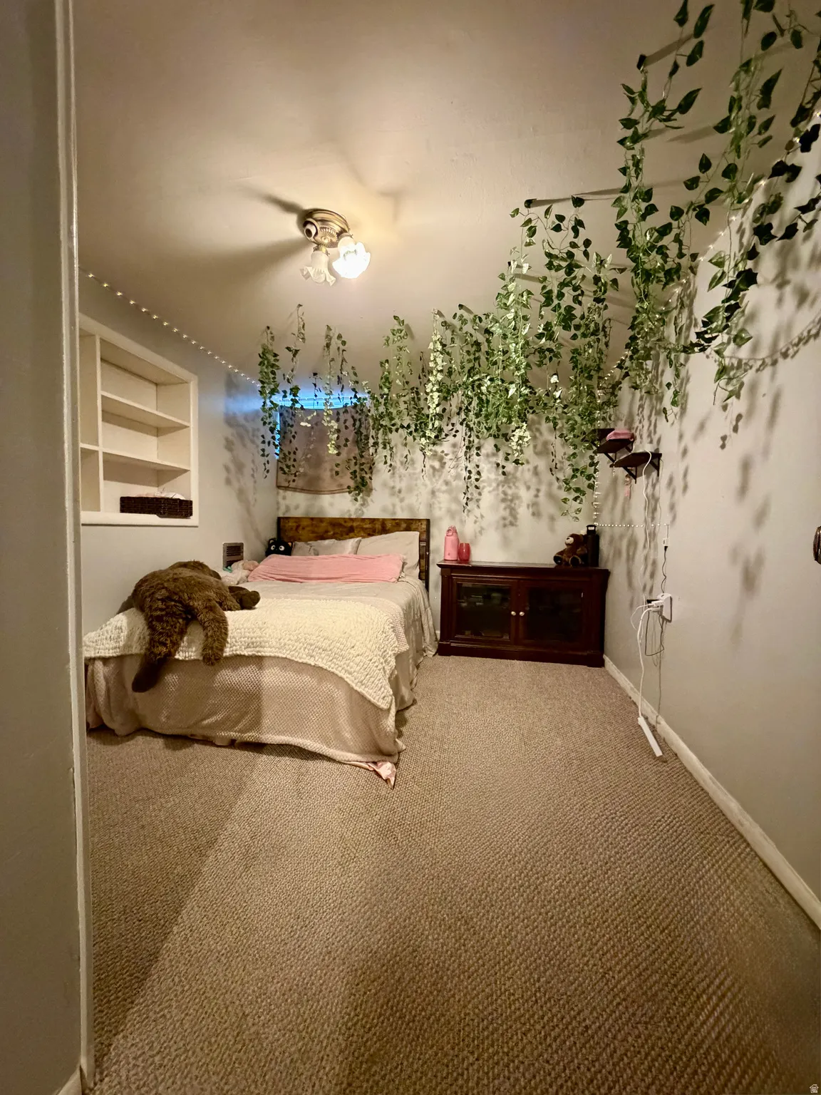 Carpeted room featuring a built-in shelving unit, a wall-mounted ceiling light fixture, and a dark wood-finish cabinet