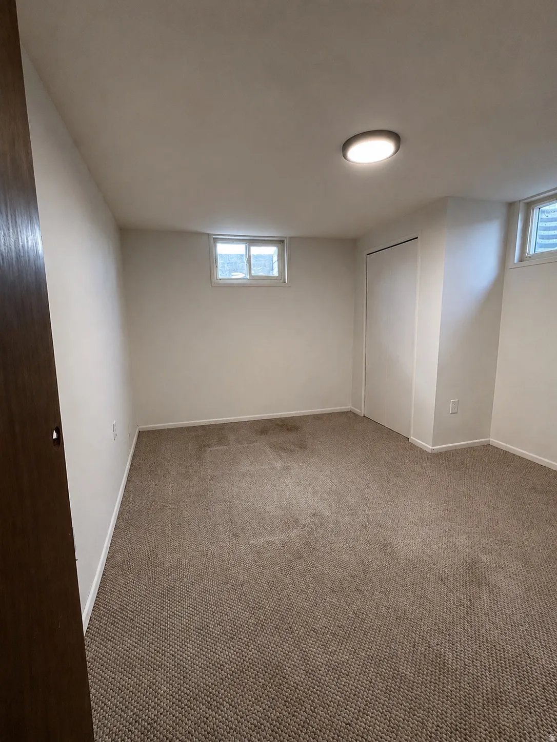 Carpeted room featuring white walls, baseboards, and two windows