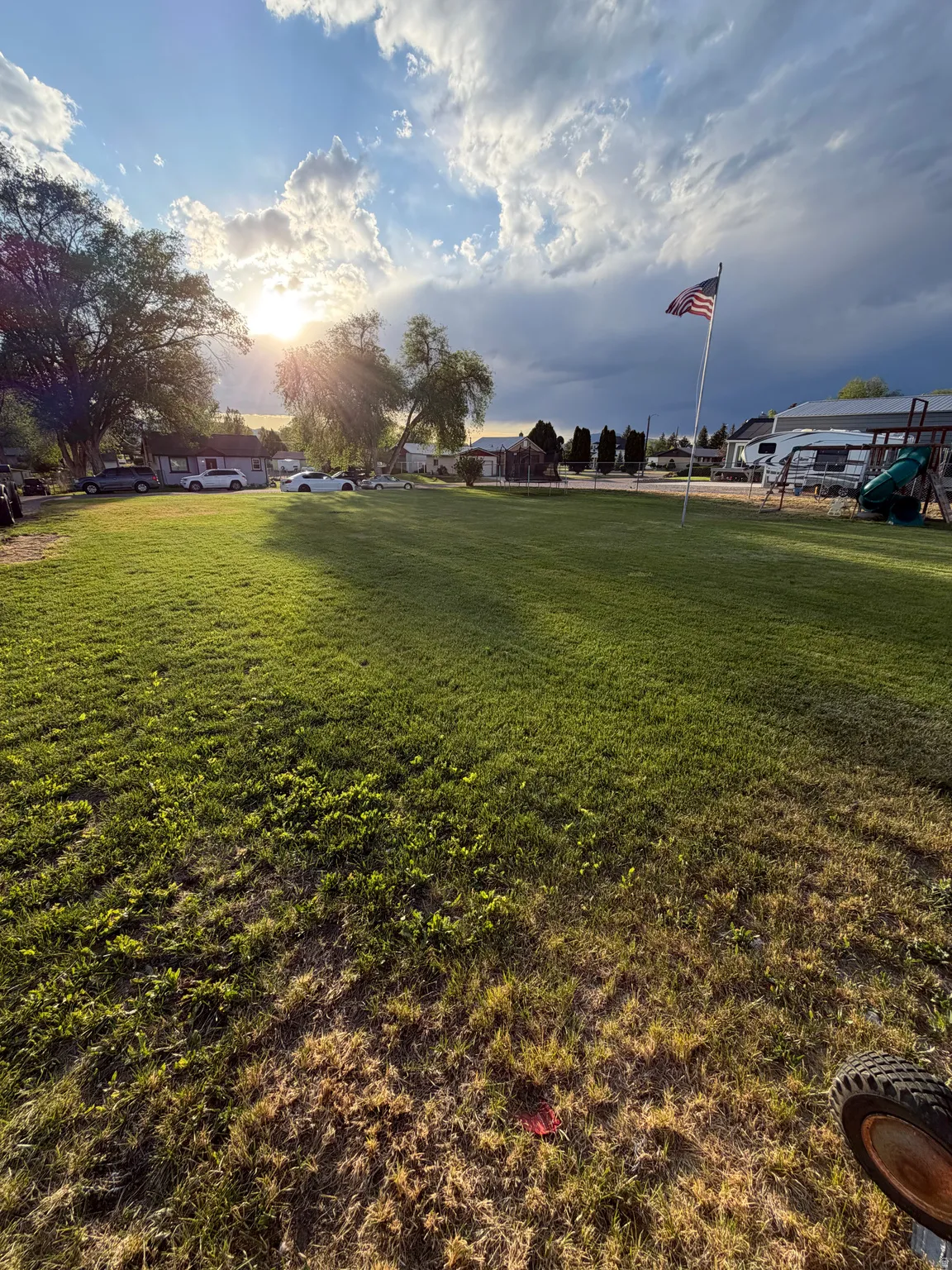 Expansive grassy yard with mature trees and a clear sky backdrop