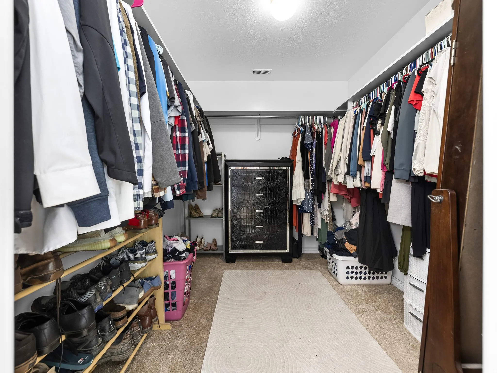 Walk in closet with light colored carpet