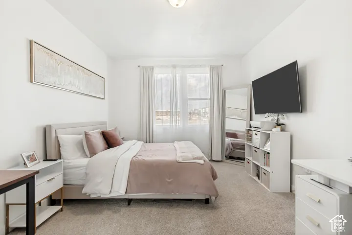 Bedroom with light carpet