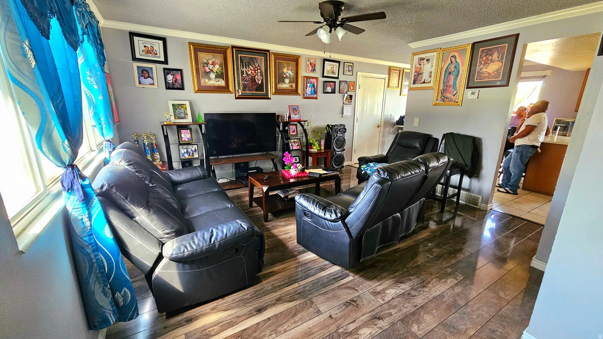 Living room featuring wood-type flooring, plenty of natural light, crown molding, a ceiling fan, and a textured ceiling