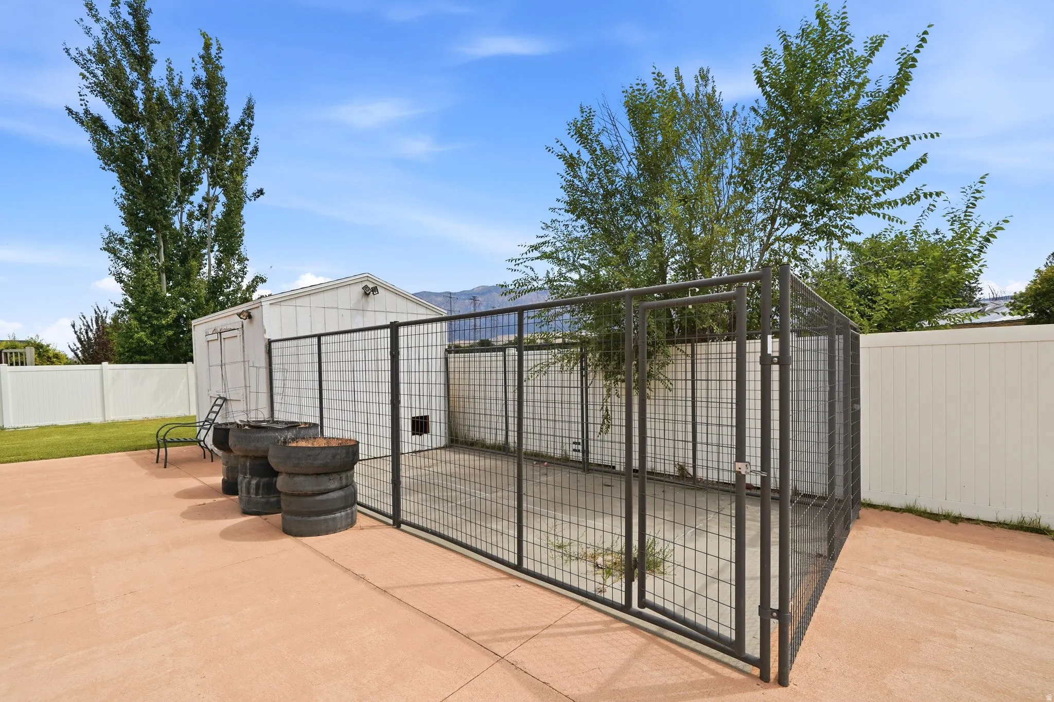 Expansive outdoor area featuring a poured concrete patio and a large fenced enclosure