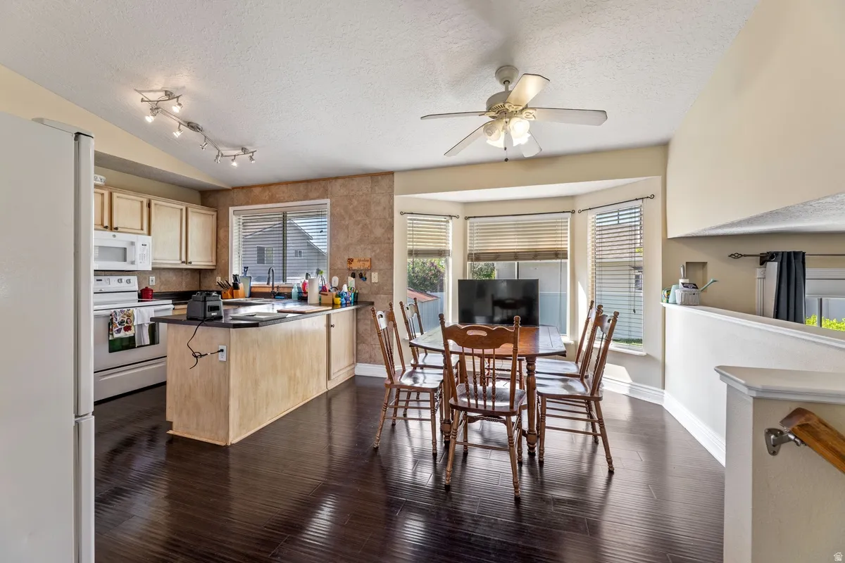Dining space with ceiling fan, plenty of natural light, and dark wood-type flooring